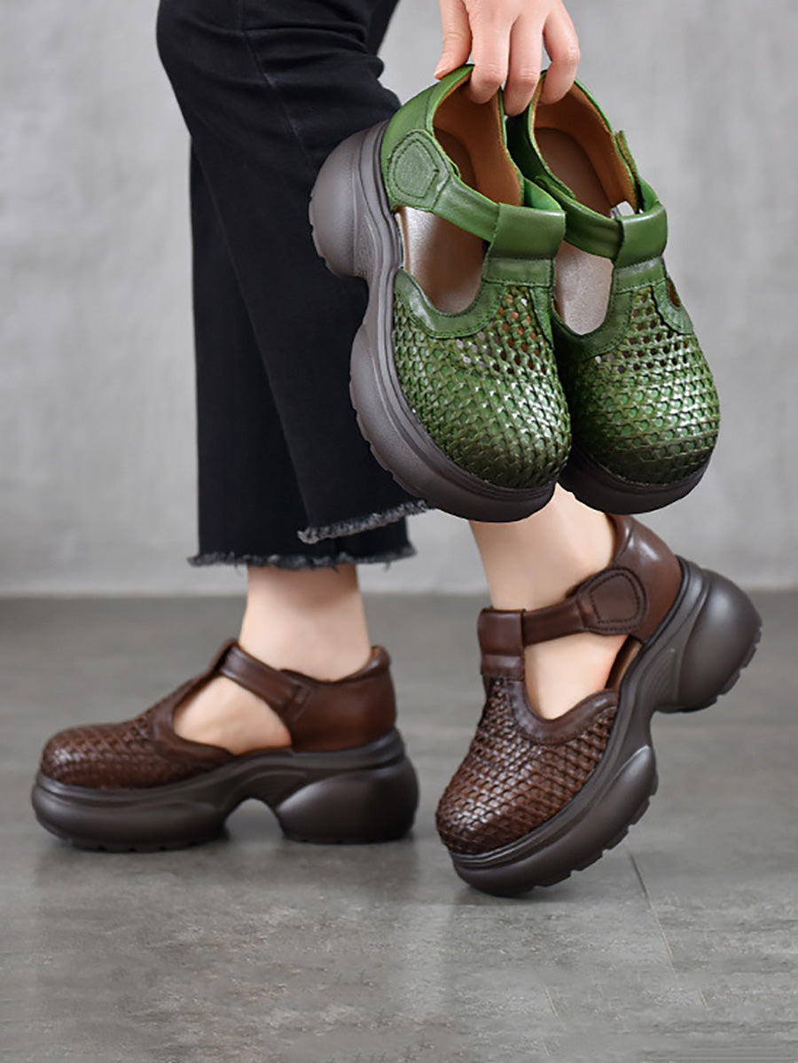 Women Genuine Leather Woven Platform T-Strap Sandals