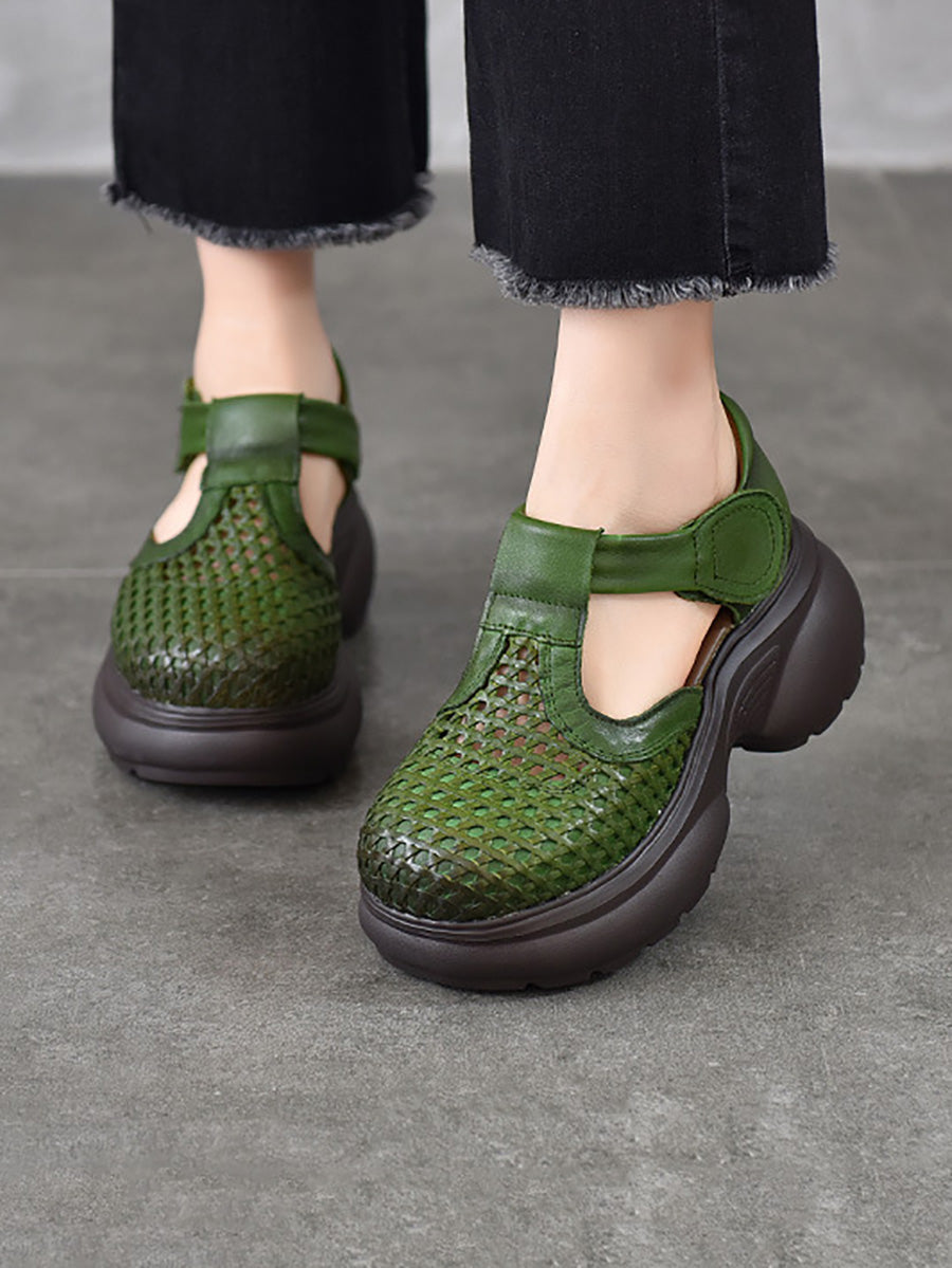 Women Genuine Leather Woven Platform T-Strap Sandals