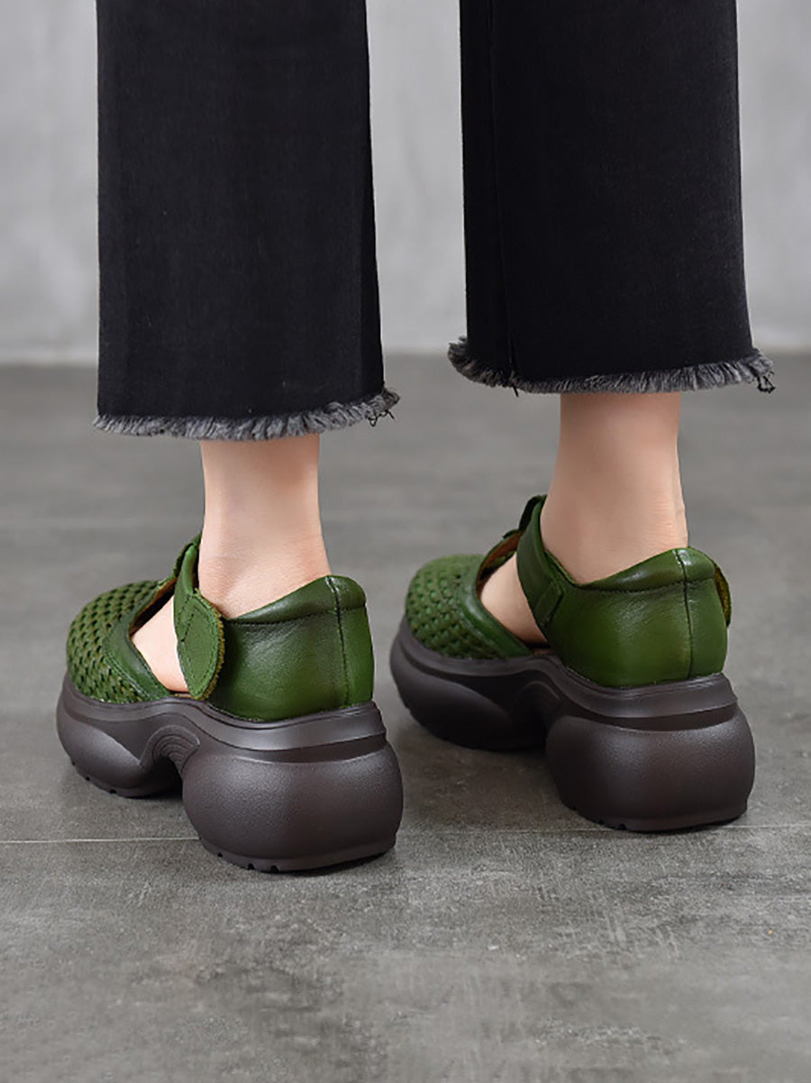 Women Genuine Leather Woven Platform T-Strap Sandals