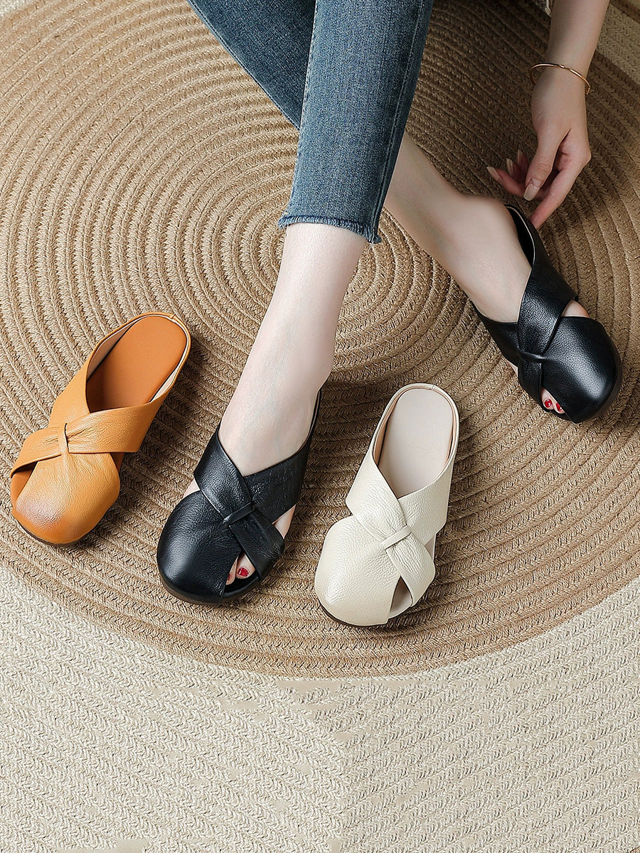 Women Casual Genuine Leather Flat Slide Sandals
